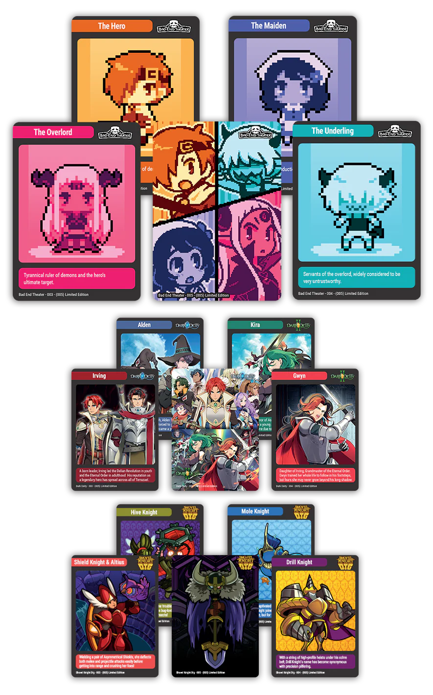 MTC#45: Shovel Knight Dig, Dark Deity 1 & 2, Bad End Theater - Trading Card Bundle